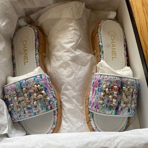 Auth. Chanel Logo Chain Pastel Tweed Cork Slide Platform Sandal Flat 36.5 NIB